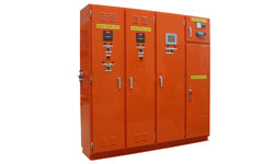 Dual pump controller and power distribution board (Form 3) with Allen-Bradley PLC, Danfoss soft starters and remote communication and control